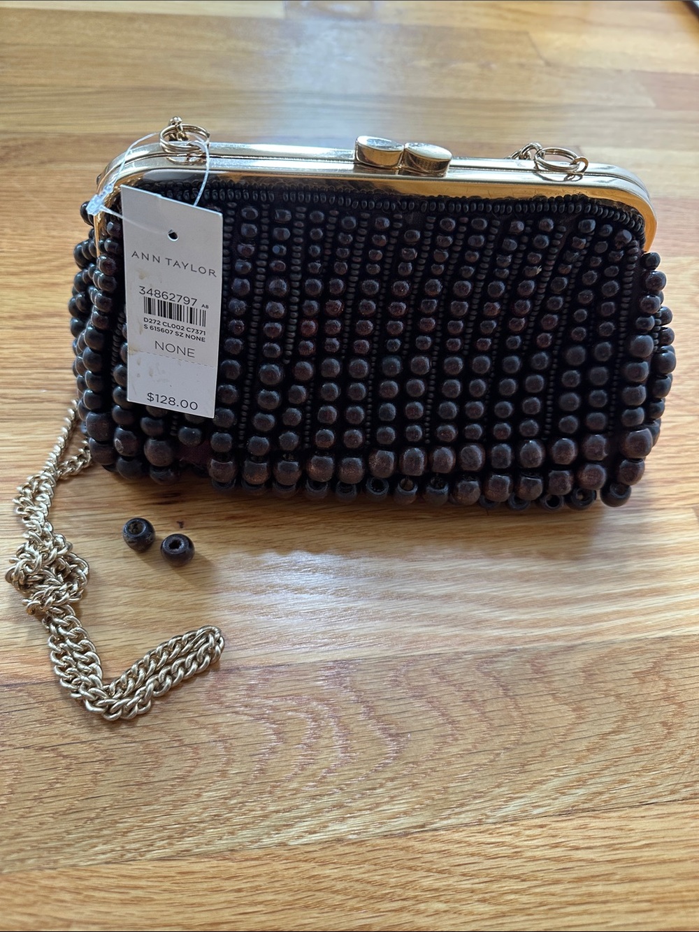 Ann Taylor Black Beaded Frame Clutch/ crossbody with Gold Chain, NWT -Flawed